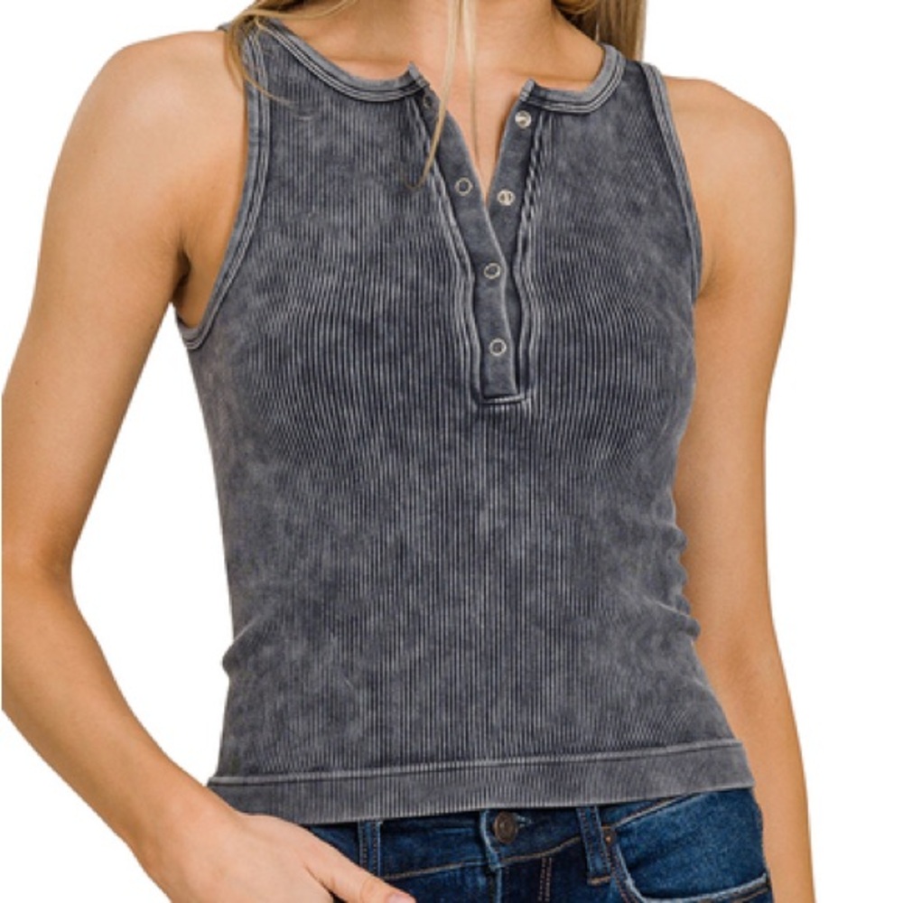 NWT ZENANA Ash Black Acid Washed Button Tank S/M L/XL